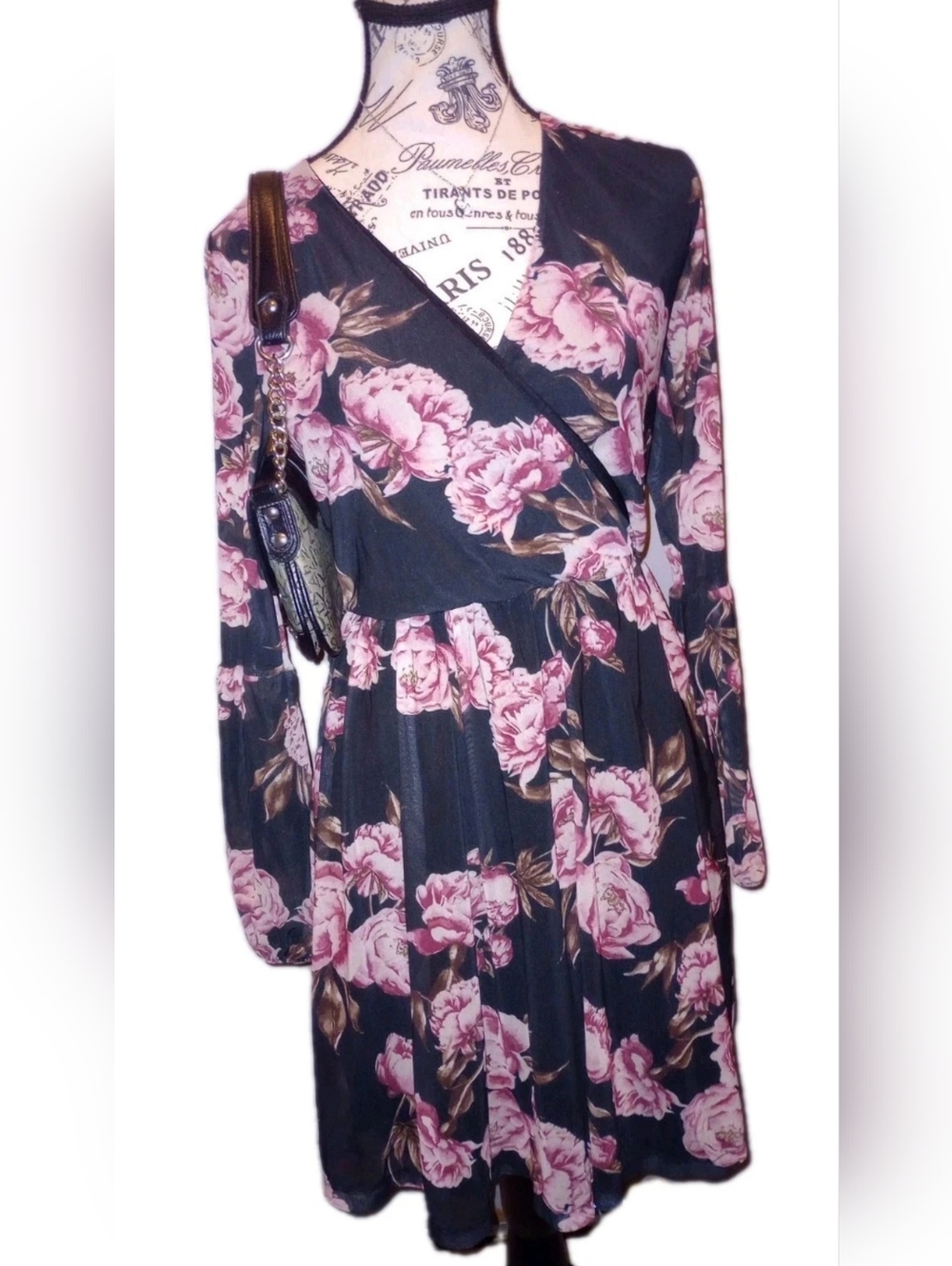 Vintage Charlotte Russe Floral Mesh Dress Size S Sheer Back Lantern Sleeve Y2K